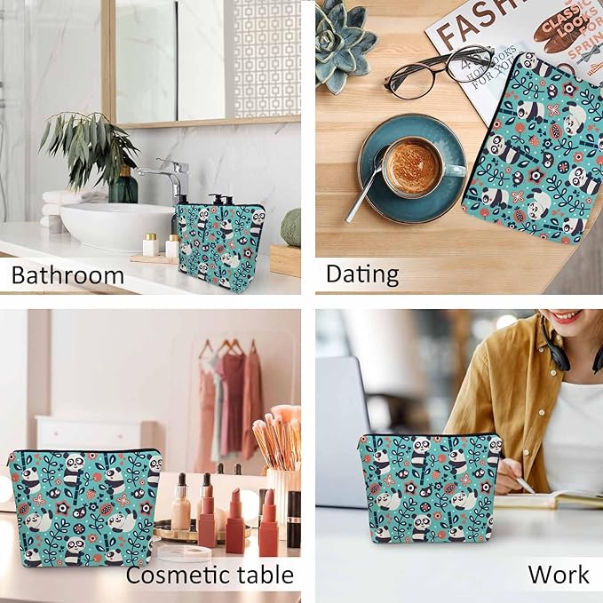 Kalygon Panda Cosmetic Bags For Women, Cute Pandas Bamboo Berry Flowers Roomy Makeup Bag Toiletry Bag Accessories Organizer Storage Bags Makeup Pouch For Travel Business Gym Camping Bathroom