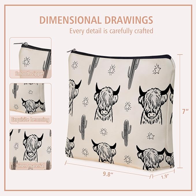 Western Highland Cow Themed Makeup Bag For Women & Teen Girls Travel Gifts
