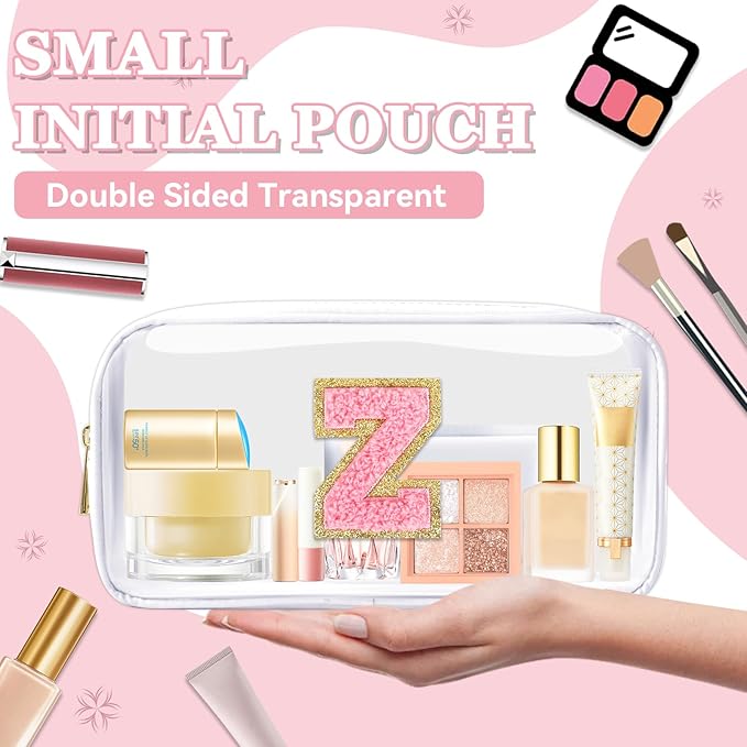 Small Clear Personalized Initial Makeup Bag, Preppy A-Z Chenille Letter Patch Cosmetic Bag, Cute Transparent Nylon Waterproof Zipper Beach Varsity Letter Pouch, Gift for Women Girls(White-Pink Z)