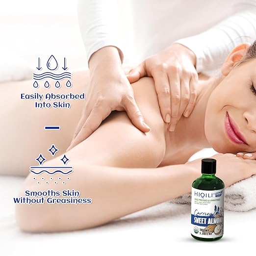 HIQILI Organic Sweet Almond Oil Cold Pressed for Skin, Hair & Skin Care