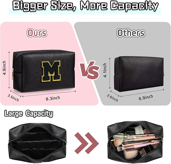 TOPEAST Personalized Birthday Gifts for Women, Preppy Patch Makeup Bag, Chenille Letter Pouch Cosmetic Bag, Travel Organizer, Birthday Gifts for Friends, Cute Stuff (Black L)