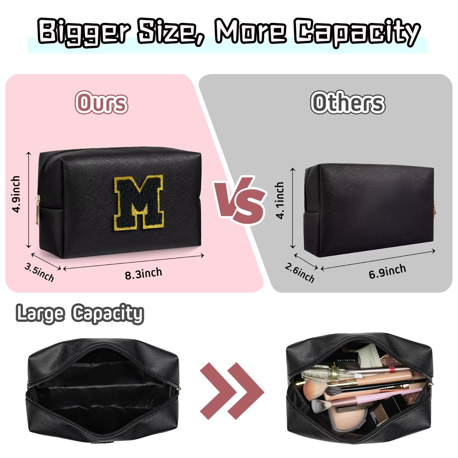 TOPEAST Preppy Small Makeup Bag, Chenille Letter Pouch Cosmetic Bag With Zipper, PU Leather Waterproof Toiletry Bag, Personalized Birthday Gift for Women, Cute Stuff for Girls (Black D)