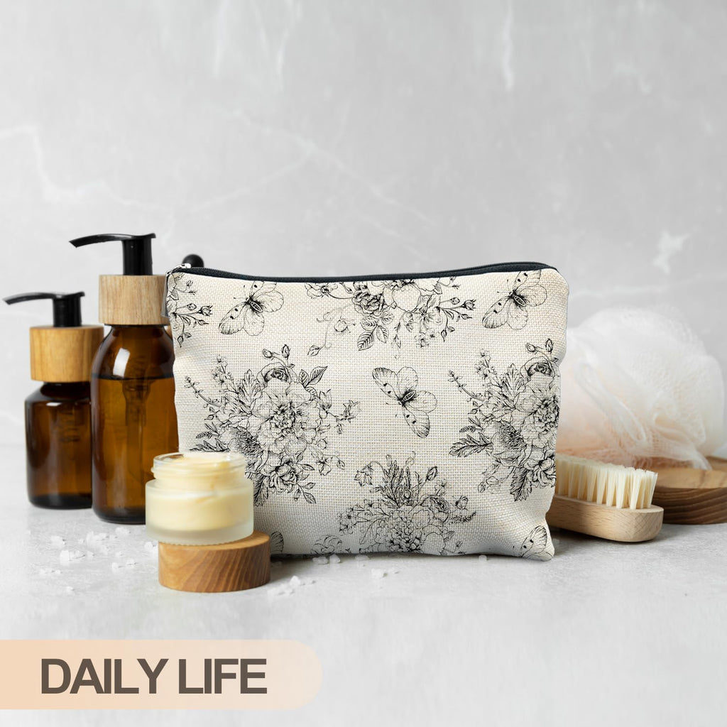 RYYCDOI Vintage Boho Floral Butterfly Makeup Bag, Chinoiserie Black and White Cosmetic Bags for Women, Cottagecore Botanical Butterfly Zipper Makeup Pouch