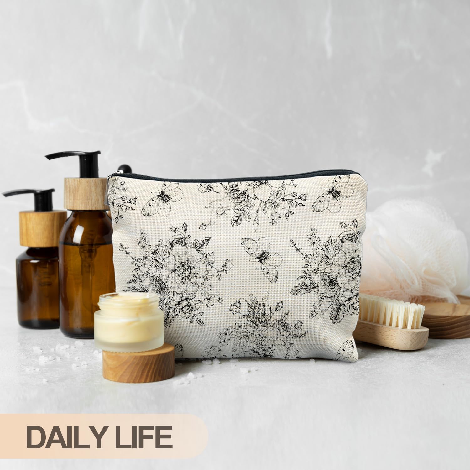 RYYCDOI Vintage Boho Floral Butterfly Makeup Bag, Chinoiserie Black and White Cosmetic Bags for Women, Cottagecore Botanical Butterfly Zipper Makeup Pouch