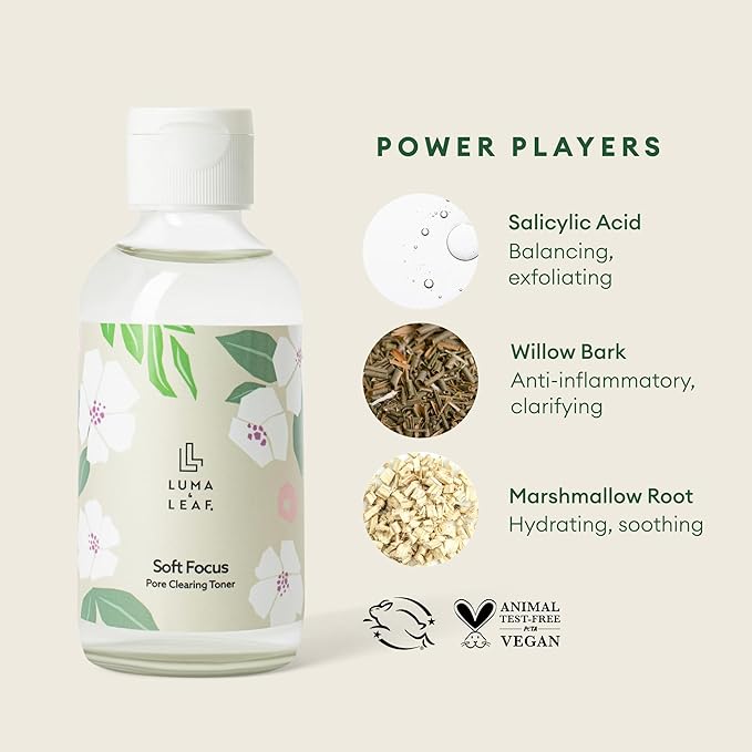 Salicylic Acid Toner for Acne Prone Skin, Pore Clearing BHA Face Toner with Niacinamide, Willow Bark & Marshmallow Root, Exfoliating Treatment for Breakouts & Dark Spots, Vegan, 4 fl oz, Luma & Leaf