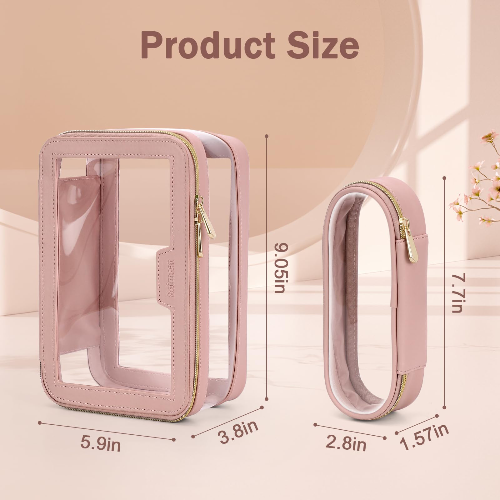 Soimeat Travel Clear Makeup Bag with Makeup Brush Bag, Leather Makeup Case Toiletry Bag, Portable Cosmetic Bag Case, Transparent Waterproof Cosmetic Organizer Storage Bag for Women, Pink