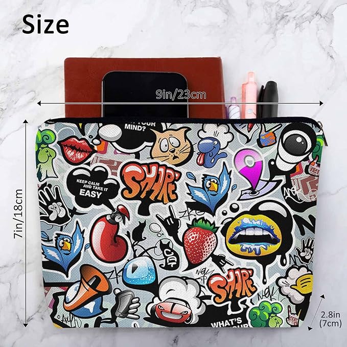 Kalygon Women Cosmetic Bag Graffiti, Rainbow Graffiti Social Media Signs Cute Makeup Bag For Purse Cosmetic Travel Bag For Toiletries Makeup Storage Bag Flax Skincare Bag Make Up Pouch Bags