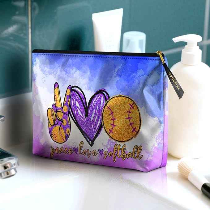 GEGEPINK Cute Makeup Bag for Purse Waterproof Cosmetic Bags for Women Funny Smooth Zipper Travel Toiletry Pouch 10X8 Inches-Peace Love Softball Makeup pouch