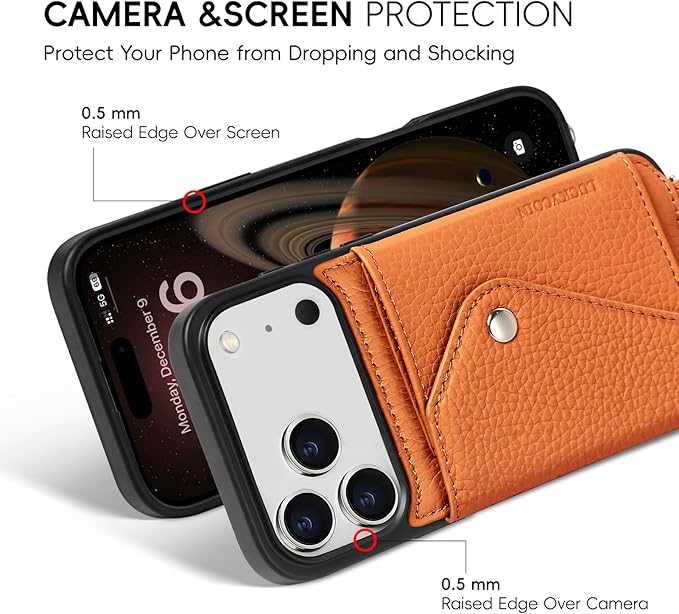LUCKYCOIN Crossbody Phone Case for iPhone 17 Pro Max,100% Genuine Leather Phone Wallet Case for Women, Premium Hands-Free Phone Purse with Expandable Flip Card Holder & Adjustable Strap - Pebble Brown