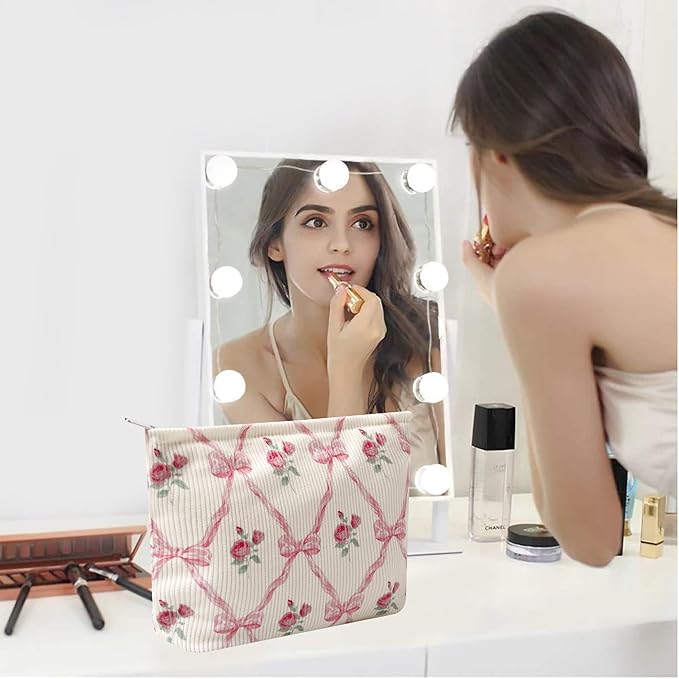 Gardsell Cosmetic Bags for Women - Corduroy Cosmetic Bag Aesthetic Women Handbags Purses Smile Dots Makeup Organizer Storage Makeup Bag Girls Case Bags (Flowers-Orchid)