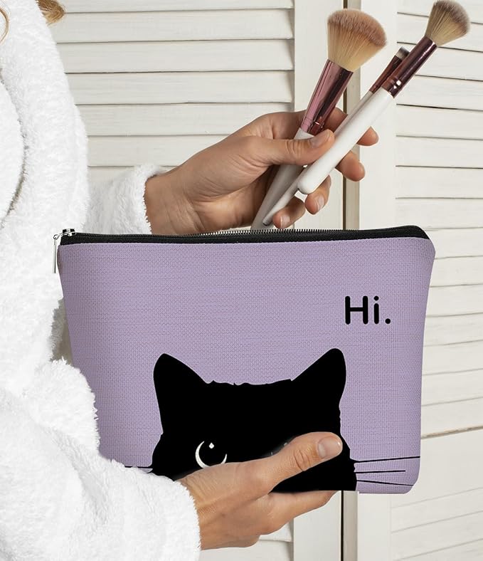 BARPERY Cute Cat Makeup Bag, Black Kitty Cosmetic Pouch - Retro Stripes
