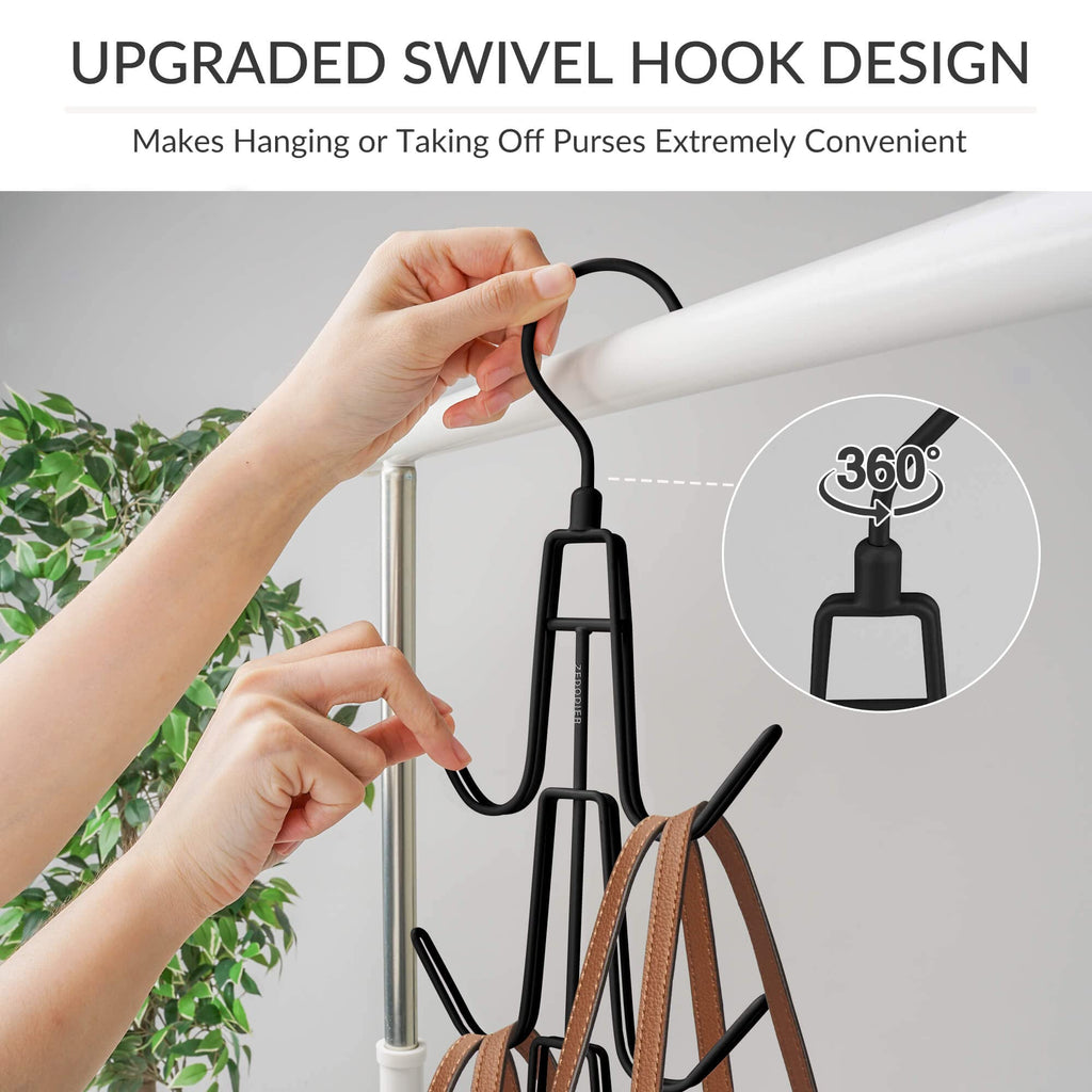 ZEDODIER 2 Pack Purse Organizer for Closet, Heavy-Duty Hanging Purse Hanger Closet Holds Up to 12 Purses, Metal Rotating Space Saving Bag Holder Handbag Storage Hook Backpack Rack, Black