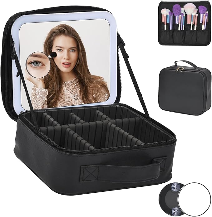 Yaliang Travel Makeup Bag with Mirror & 8 Adjustable EVA Dividers, Black