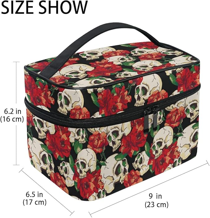MNSRUU Skull Goth Makeup Bag, Gothic Skull and Flower Travel Makeup Organizer Bags Toiletry Bag Box Travel Cosmetic Bag Make Up Train Case for Women Teen Girl Ladies