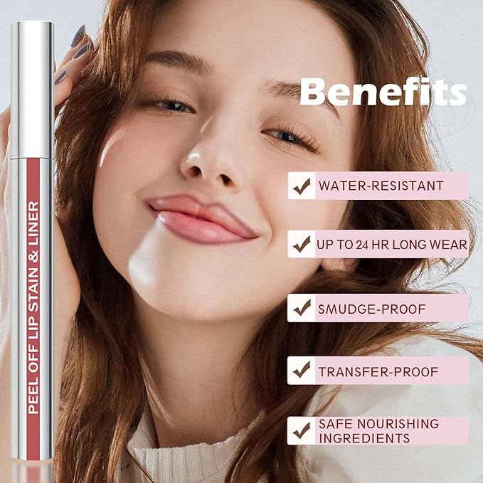 QCMME Lip Liner Stain Peel Off with Tweezer, Long Lasting Matte Lip Tattoo, Highly Pigmented Color Lip Makeup, Waterproof, Transfer-proof Lipstain for Women, WARM ROSE