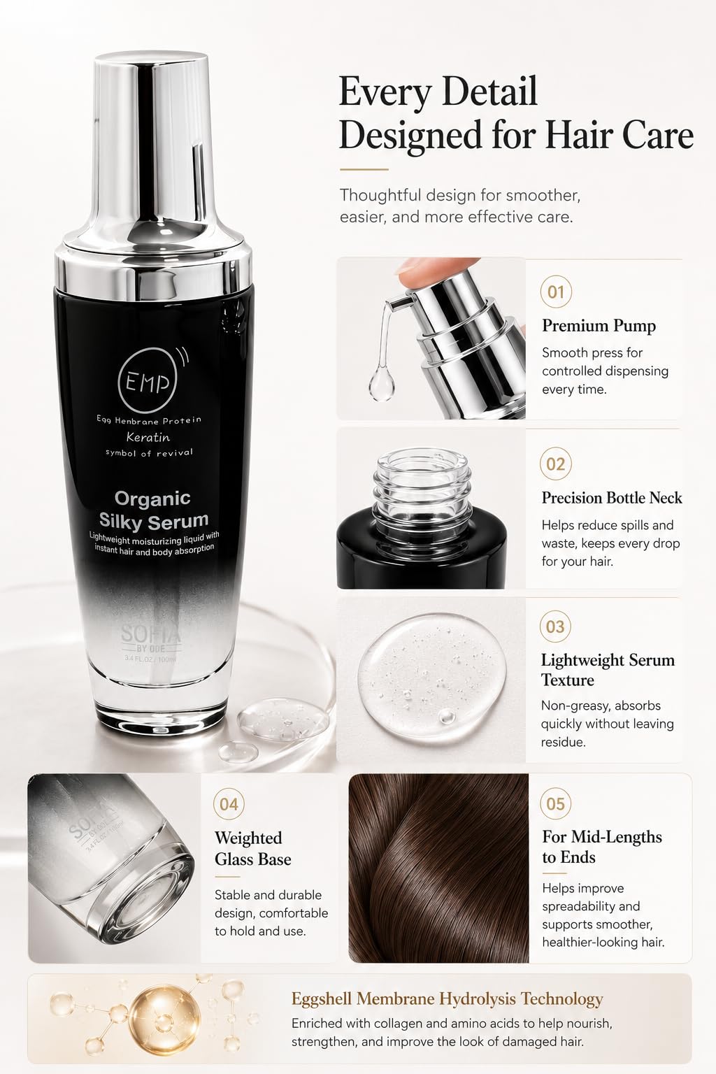 ODE SOFIA Organic Silky Serum, for Frizzy, Dry, Unmanageable Hair,3.4 Fl OZ, 100ml (3.4 OZ (100ML))
