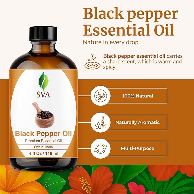 SVA Black Pepper Essential Oil Glass Bottle with Dropper, 4 Fl Oz (118 ml)