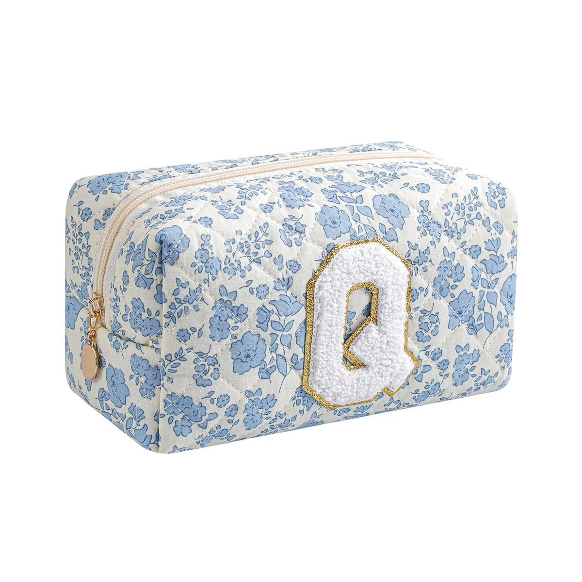 Gleyemor Personalized Initial Makeup Bag for Women, Cute Quilted Blue Floral Cotton Cosmetic Bag, Christmas Gifts for Her Mom Friend Sister Bridesmaid Teacher Women J
