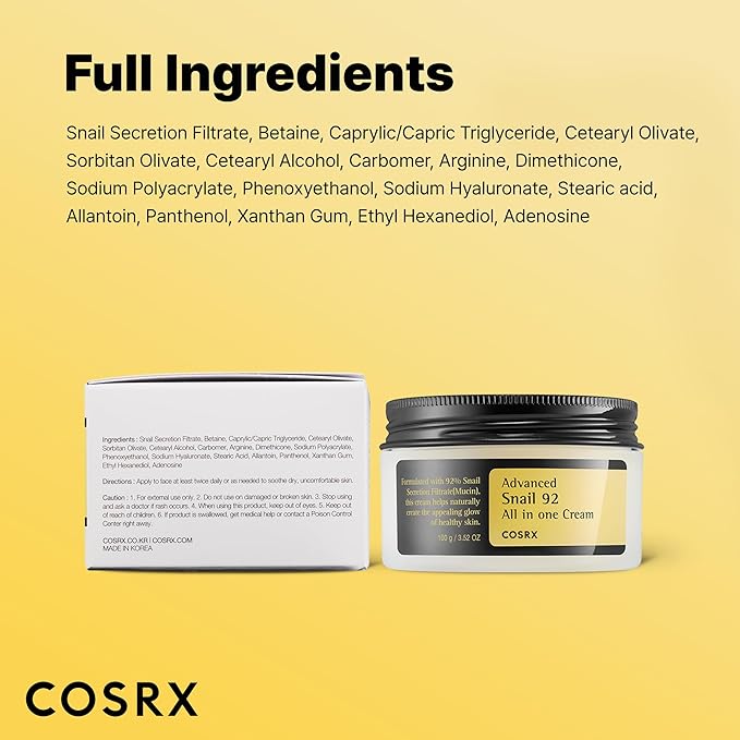 COSRX Snail Mucin 92% Face Moisturizer for Soft & Glowy Skin, 3.52 oz.