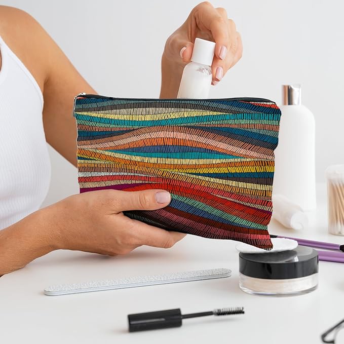 RYYCDOI 70s Retro Colorful Wavy Makeup Organizer, Vintage Aesthetic Women's Makeup Bag