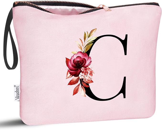 Vavabox A-Z Personalized Makeup Bag, Birthday Gifts for Women Mom, Gifts for Best Friend, Bride Bridesmaid Cosmetic bag (C, 06-Pink)