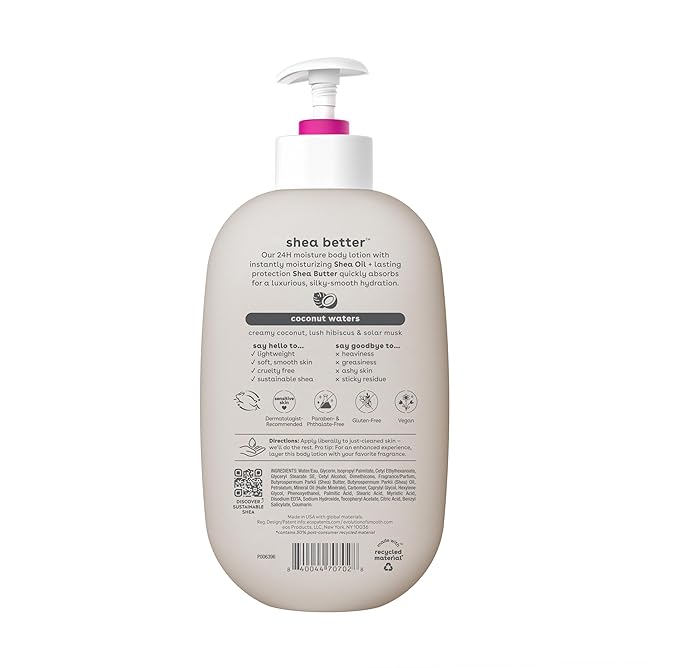 eos Shea Better Body Lotion Coconut Waters, 24-Hour Moisture Skin Care, Lightweight & Non-Greasy, Natural Shea, Vegan, Coconut Body Lotion, 16 fl oz