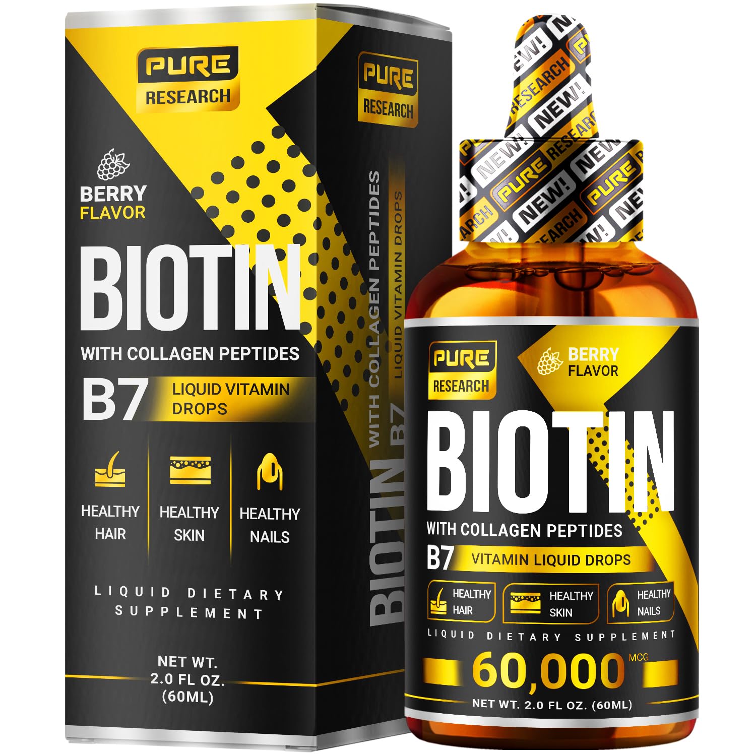 PURE RESEARCH Liquid Biotin & Collagen Hair Growth Drops 60,000mcg – Biotin and Liquid Collagen Supplements for Women & Men – Supports Glowing Skin, Healthy Hair & Nail Growth (2Fl Oz)