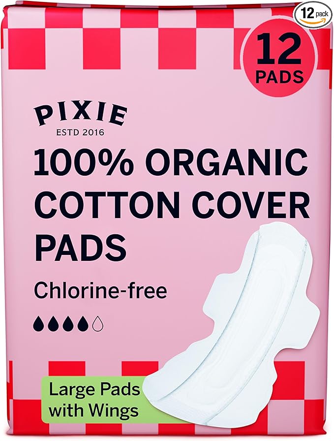 Pixie Organic Pads Ultra Thin Regular Long Cotton Pads with Wings – Comfortable, Leak-Proof Protection for Everyday Flow – Hypoallergenic, Unscented, Soft & Breathable – Eco-Friendly, 12 Count