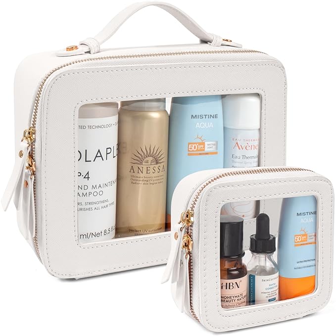 LETGO 2 Pack Clear Sunscreen Bag for Beach, Large & Mini Waterproof PU TSA Approved Cosmetic Pouches,Portable Beach Vacation Makeup Organizer Set,See Through Skincare Sunscreen Bags for Women
