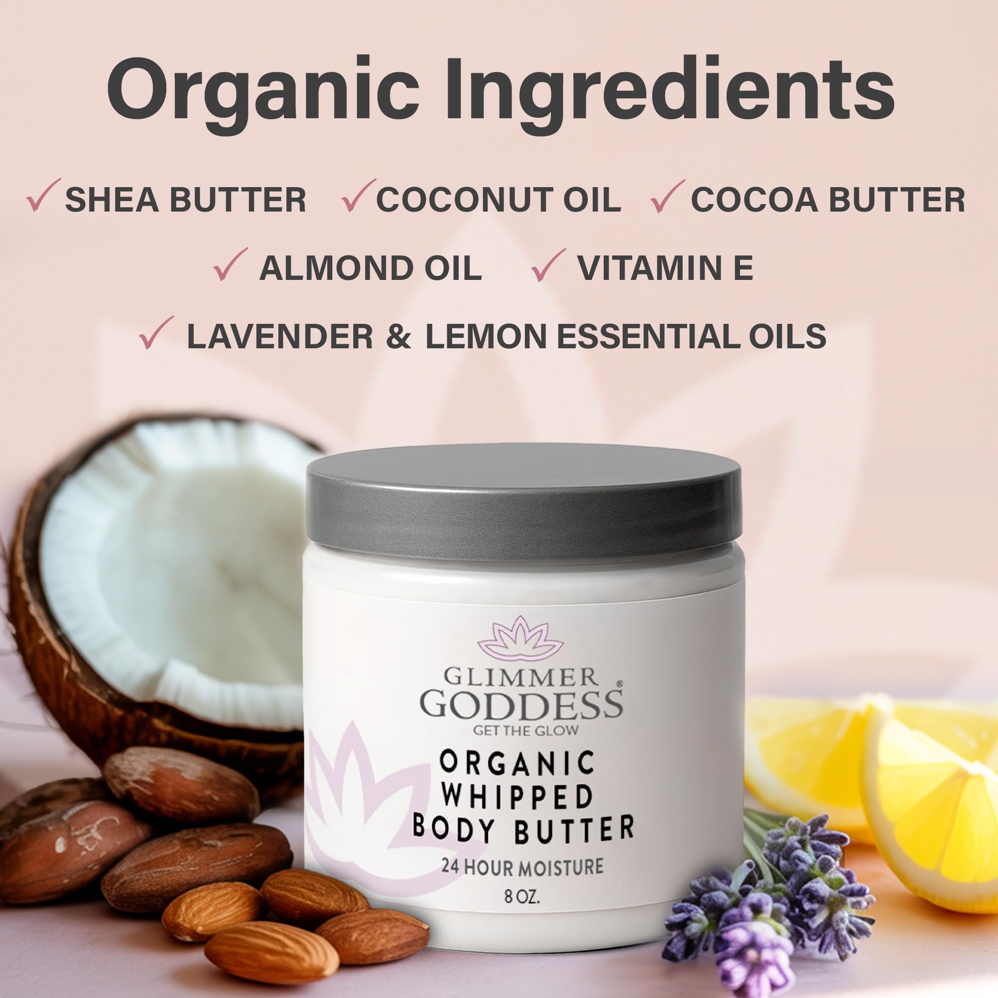 GLIMMER GODDESS Organic Whipped Body Butter for Women - Moisturizer Cream with Shea & Cocoa Butter, Almonds & Coconut Oil - Jasmine, 8oz