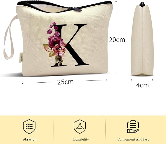 Vavabox A-Z Personalized Makeup Bag, Birthday Gifts for Women Mom, Gifts for Best Friend, Bride Bridesmaid Cosmetic bag (K, Cream Yellow)