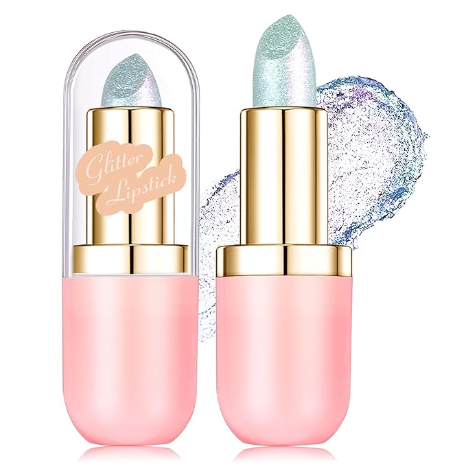Wugbc Metallic Blue Lipstick Makeup, Holographic Glitter Lip Stick Long Lasting Lightweight Non-Sticky Hydrating Lip Tinted Full Coverage High-Shine Sparkling Shimmer Lipstick for Women
