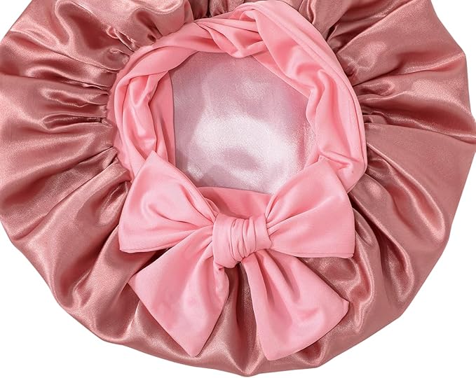 GDTOGRT Satin Silk Bonnet for Sleeping Women,Double Layer Sleep Hair Bonnets Caps for Curly Natural Hair with Tie Band - Pink