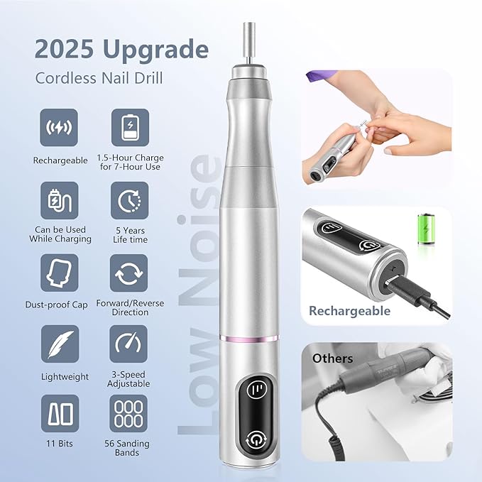 TUOBEO Cordless Nail Drill, Rechargeable Electric Nail File, 11 Bits