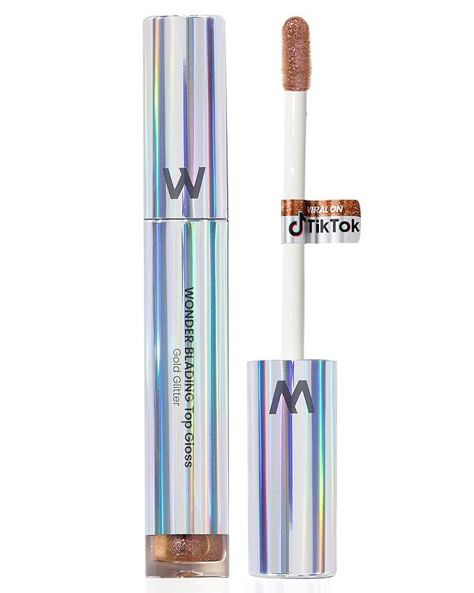 Wonderskin Lip Gloss – Wonder Blading Top Gloss, Hydrating High Shine Lip Makeup (Gold Glitter)