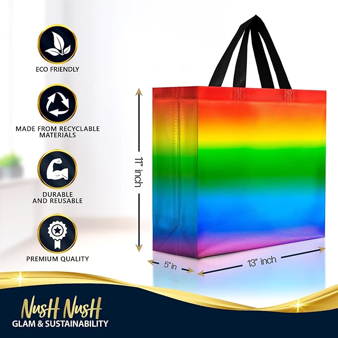 Nush Nush Large Rainbow Gift Bags with Handles, 13 x 5 x 11, Set of 12