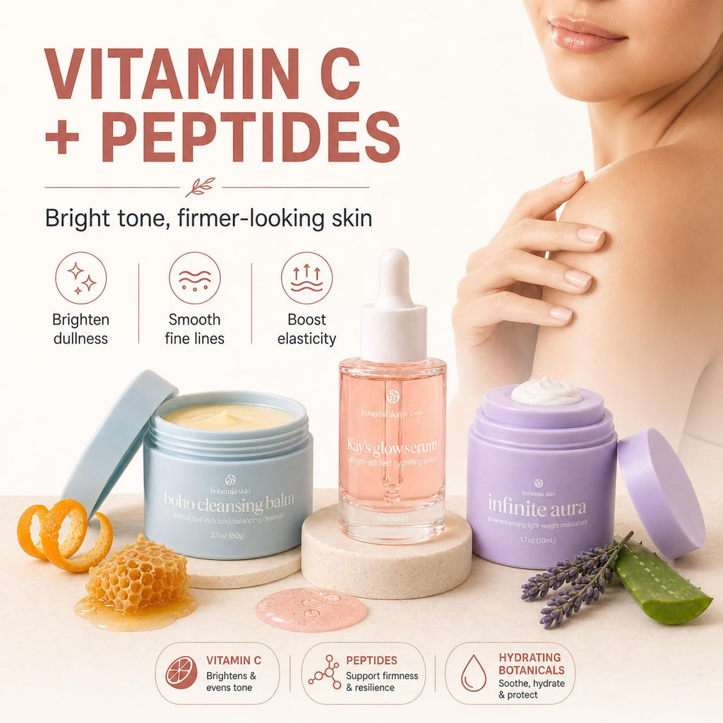 Bohemia Skin Kay’s Glow Serum + Infinite Aura Moisturizer + Boho Cleansing Balm – Oxygen-Infused THDA Vitamin C with Gentle AHA for Face and neck | Hydrates, Soothes and Brightens Bundle