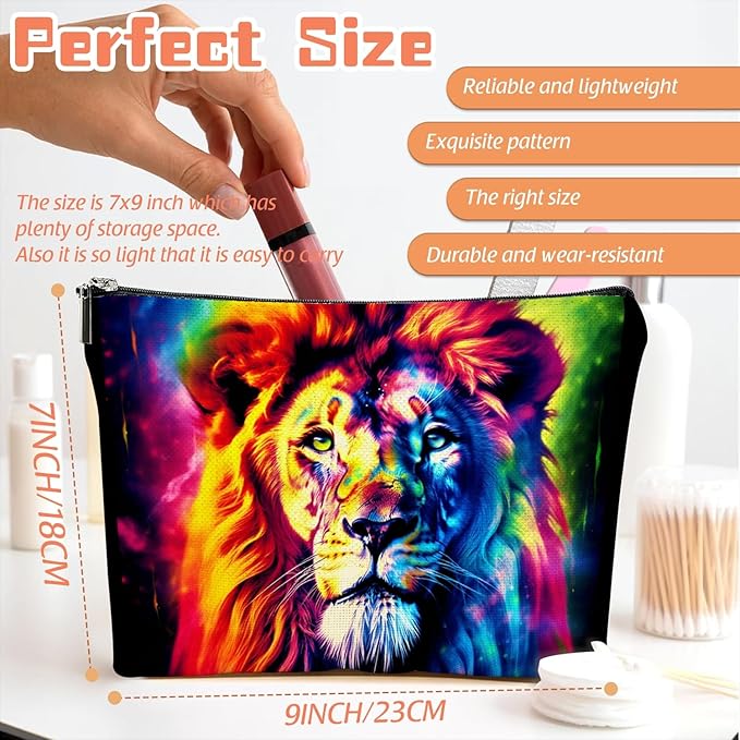 Scribesense Makeup Bag Travel Cosmetic Bags Small Makeup Case Waterproof Zipper Pouch for Women Girls 7X9inches - Fantasy - Style Lion Portrait in Vivid Colors