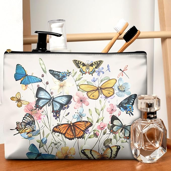 GEGEPINK Cute Makeup Bag for Purse Waterproof Cosmetic Bags for Women Funny Smooth Zipper Travel Toiletry Pouch 10X8 Inches-Butterfly Wildflower Makeup pouch