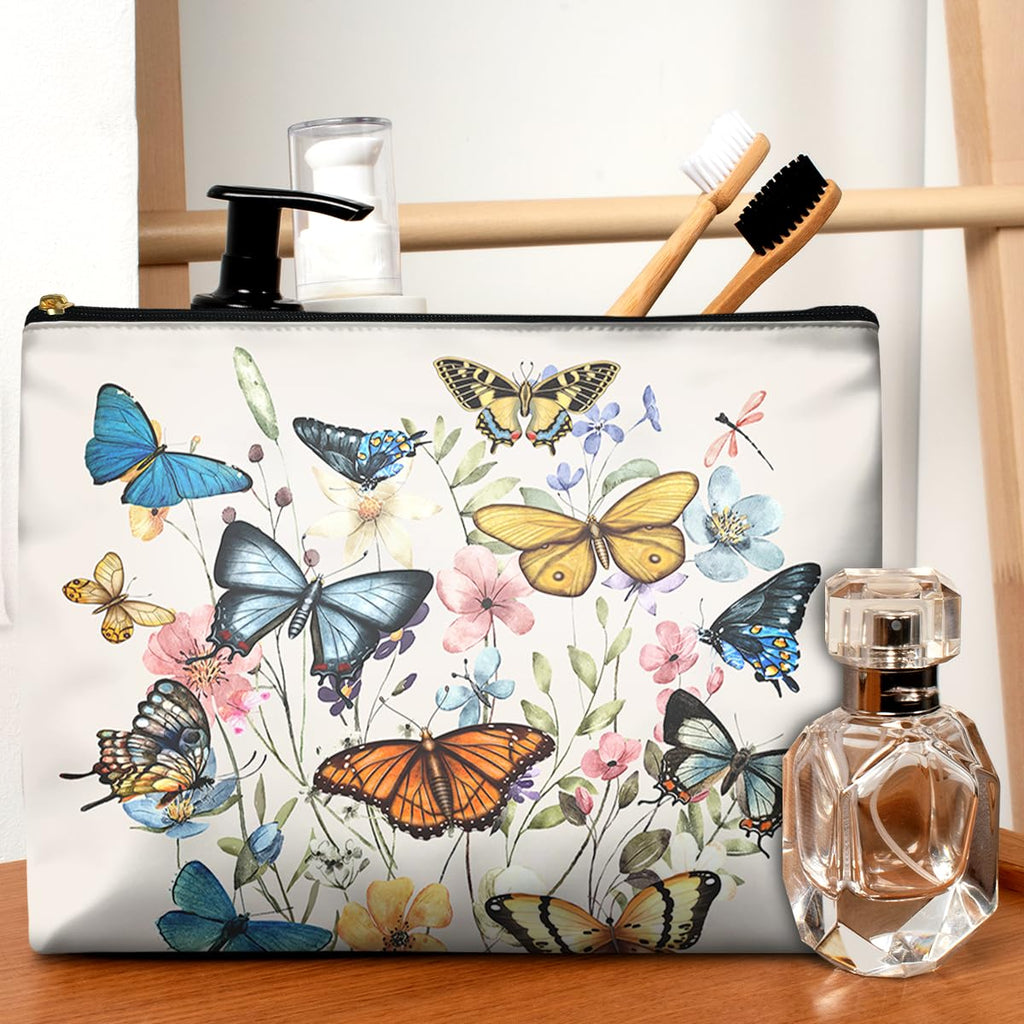 GEGEPINK Cute Makeup Bag for Purse Waterproof Cosmetic Bags for Women Funny Smooth Zipper Travel Toiletry Pouch 10X8 Inches-Butterfly Wildflower Makeup pouch