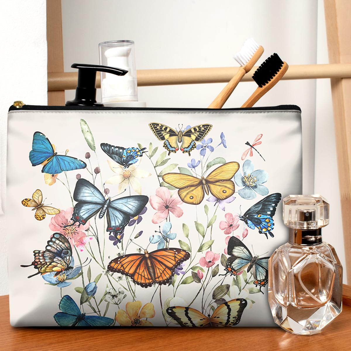 GEGEPINK Cute Makeup Bag for Purse Waterproof Cosmetic Bags for Women Funny Smooth Zipper Travel Toiletry Pouch 10X8 Inches-Butterfly Wildflower Makeup pouch