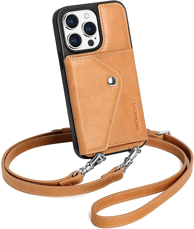 LUCKYCOIN Crossbody Phone Case for iPhone 15 Pro,100% Genuine Leather Phone Wallet Case for Women, Premium Hands-Free Phone Purse with Expandable Flip Card Holder & Adjustable Strap - Retro Tan