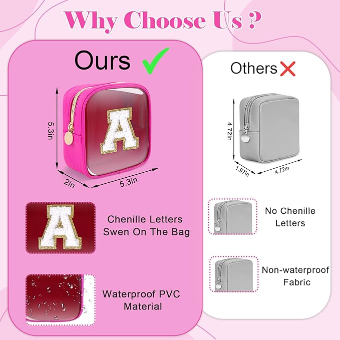 Personalized Initial Letter Clear Preppy Makeup Bag,Mini Nylon Chenille Letter Cosmetic Bag Cute Zipper Pouch Coin Purse for Teen Girls,Portable TSA Approved Travel Essentials Bag Gift for Women,P