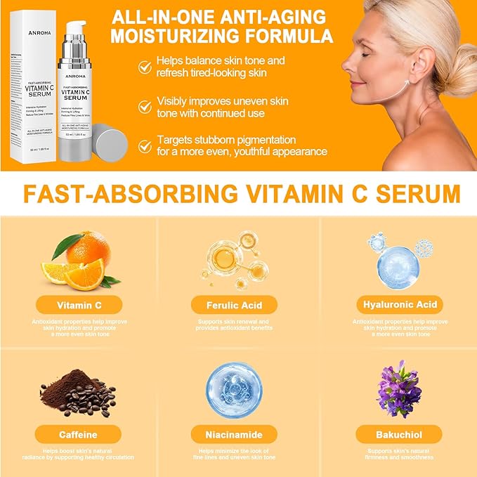 Anroha Super Vitamin C Face Serum for Women Over 70, Large Size 1.7 fl oz (50ml) - Fragrance-Free Multi-Tasking Age Defying Hydrating Complex for Mature Sensitive Skin