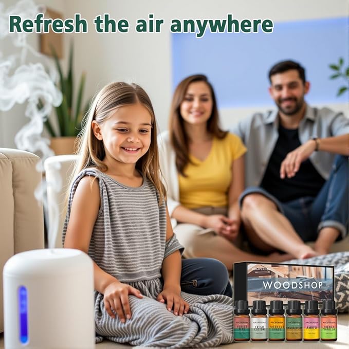 AROPERIMA WOODSHOP Fragrance Essential Oil Set - French Vanilla, Amber, Forest Pine, Fresh Cotton, Fresh Cut Grass, Sandalwood 6x10ML for Diffusers, Massage, Perfume, Soap Making and Candle