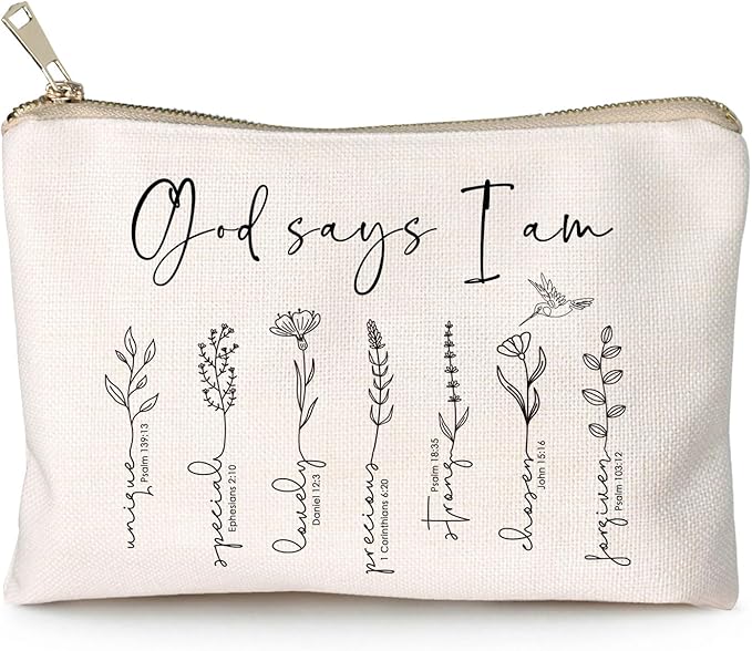 HubbgDesign God Says You Are Cosmetic Bag, Christian Makeup Bag Bible Verse Floral Bible Verse Makeup Case for Women, Inspirational Cosmetic Bag, Sister Gifts, Affirmations Gifts (God says I am...)