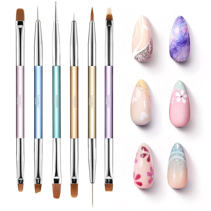 Beetles Gel Nail Art Brushes, 6 Pcs Double-Ended Fingernail Art Design Pens