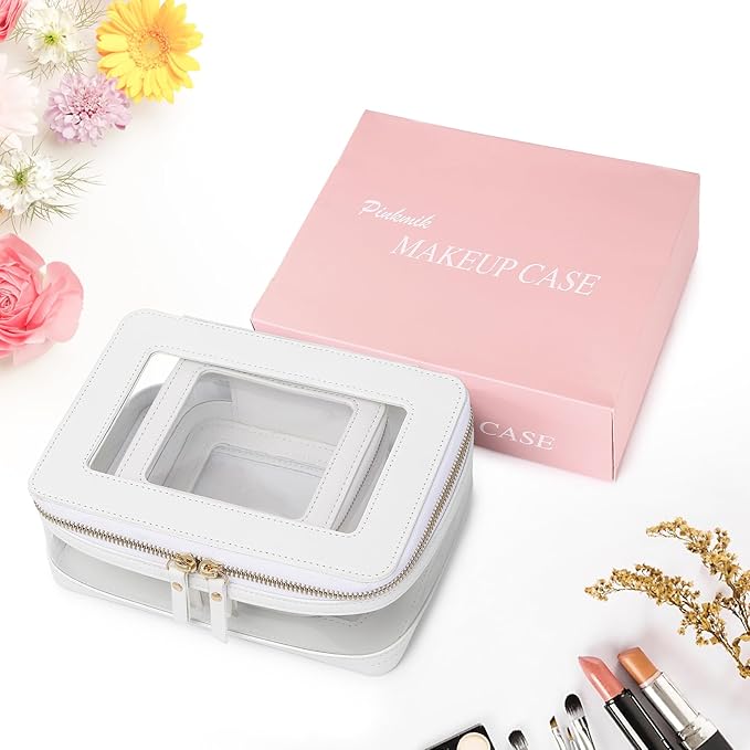 Pinkmik Clear Makeup Bag with Zipper, White, M+MINI-1