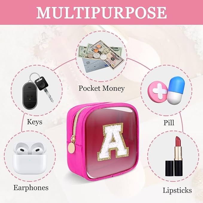 Mini Clear Personalized Initial Makeup Bag,Nylon Preppy A-Z Chenille Letter Patch Zipper Cosmetic Bag, Small Cute Beach Pouch Travel Purse Sanitary Napkin Storage Bag for Women Girls(Hot Pink-White A)