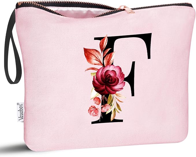 Vavabox A-Z Personalized Makeup Bag, Birthday Gifts for Women Mom, Gifts for Best Friend, Bride Bridesmaid Cosmetic bag (F, 06-Pink)